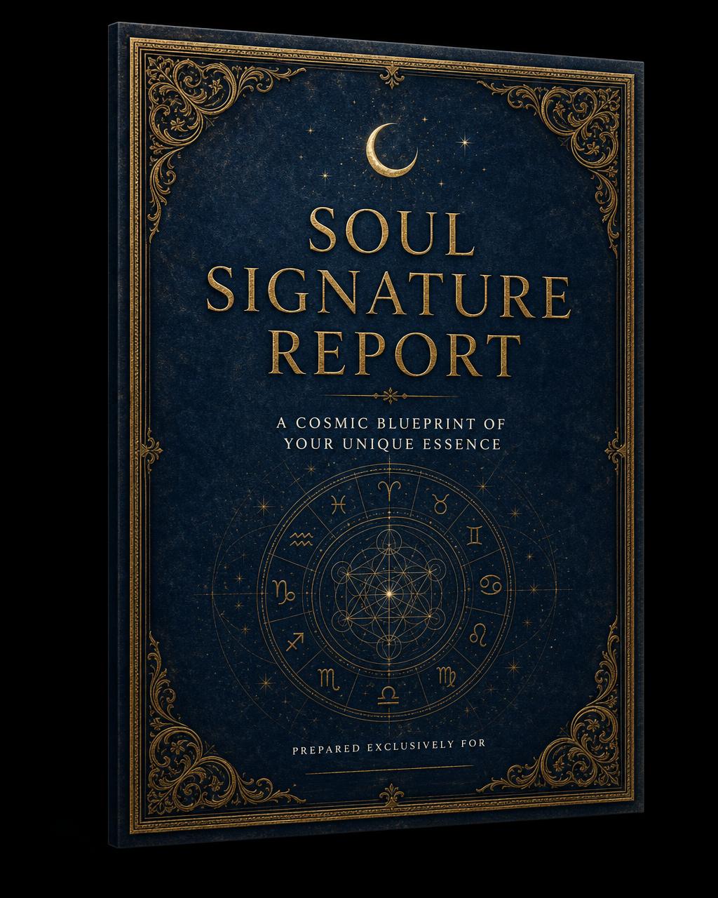 Premium Soul Signature Report private PDF cover with antique gold ornaments and a natal chart wheel