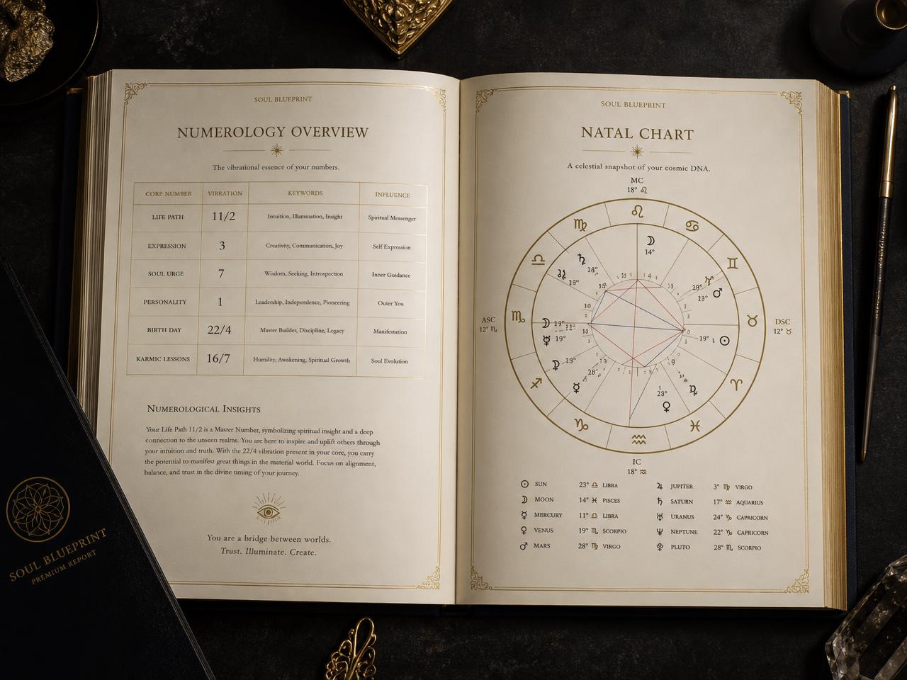 Sample report spread showing a numerology overview table and a calculated natal chart wheel
